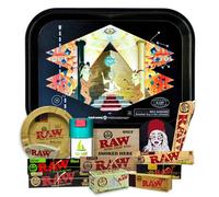 Plateau à rouler Rick and Morty 19 x 25cm + Cendrier RAW + Pot anti-odeur + Papier à rouler Raw Organique, Noir, Classic KingSize + Tips + Cône + Autocollants - Cadeau pour les fumeurs