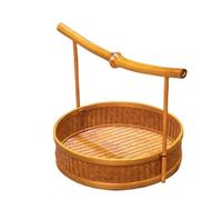 Plateau à thé en bambou tissé à la main avec poignée antique, nouveau bol à collation de style chinois, bassin à fruits, plateau à thé, boîte de rangement de style japonais(Round)