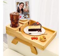 Plateau Accoudoir Canapé,Plateau Clip Accoudoir Canapé Bambou avec 360°Support Téléphone et Porte-Gobelet,Pliable à Clipser pour Collations/Boissons/Nourriture