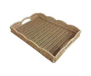 Plateau alimentaire tressé imitation rotin rectangulaire 37,5 x 28 x 5 cm | Plateau de service avec bord festonné avec poignées, plateau d'apéritif rectangulaire pour chambre à coucher