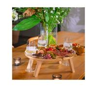 LIVOO Plateau apéritif MES150 en hévéa ∅35×14 cm, 4 encoches pour verre, pieds pliables, Beige