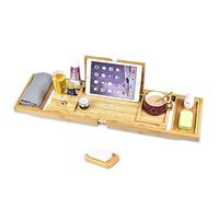 Plateau de Baignoire Bambou - Pont Baignoire Extensible Pliable Tablette avec Support pour Verre à Vin,Support iPad et Porte-Savon pour La Maison,(75-105) x 23 x 3 CM