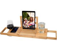 alpina Salle de Bain Planche Bois - Plateau de Bain 50-92 x 18 x 4 cm - Decoration Salle de Bain Bambou avec Support de Livre et Porte-Tablette - INCL. Porte-Gobelets, Marron