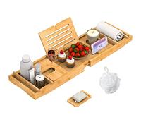 Plateau de Baignoire en Bambou avec poignées Extensibles, Support pour Verre à vin, Support de téléphone, Support de Livre pour Salle de Bain, Spa, Table de Bain en Bois pour Lire l'ordinateur
