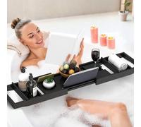 Plateau de baignoire en bois de bambou - Extensible - 75-115 cm - Antidérapant - Convient à la plupart des baignoires - Peut contenir livre, iPad, téléphone, verre, bougie - Noir