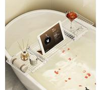 Plateau de baignoire extensible pour utilisation au spa, étagère de bain en acrylique transparent avec support de vin et de livre, s'adapte aux baignoires jusqu'à 74,9 cm de large (étendue)