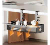 Plateau de câbles métallique extensible sans perçage, gestion des câbles sous le bureau, avec pince, support de cordon de multiprise rétractable Black 40cm