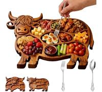 Plateau de charcuterie de bœuf en Bois, Plateau de charcuterie de Style bœuf des Highlands avec 1 Fourchette et cuillère, Style Ferme, fabriqué à partir de Bois Massif Naturel(A)