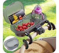Plateau de collation universel 3 en 1 pour poussette avec housse anti-poussière, gobelet robuste, support de téléphone et crochet et bras en silicone, accessoires de voyage amovibles, passe au