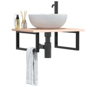 Plateau de lavabo avec support en acier et bois massif de chêne - Étagère de salle de bain élégante pour lavabo, solution de rangement avec cadre en acier et plateau en bois de chêne, simple