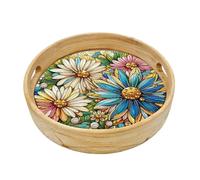 Plateau de peinture diamant à faire soi-même, peinture diamant ronde en bois, plateau de service avec poignées, peinture diamant créative Crystal Art en bois, plateau de cuisine-04 marguerites