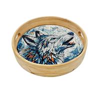 Plateau de peinture diamant DIY - Plateau rond en bois avec poignées - Peinture diamant créative - Art cristal - Plateau de cuisine - 06-Wolf