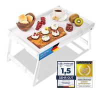 Plateau de Petit déjeuner en Bambou, Plateau de Service Table de lit avec Pieds Pliables - également utilisable comme lapdesk, Table pour Ordinateur Portable (Blanc)