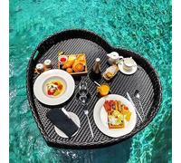 Plateau de petit-déjeuner flottant en forme de cœur en rotin pour piscine, plateau de service élégant avec poignées, parfait pour les repas en plein air et les divertissements, couleur noire