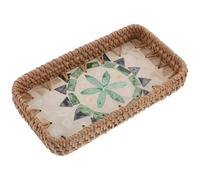 Plateau de Présentation Cosmétique en Rotin Tressé, Rectangulaire | Décor Bohème Chic, Surface Spacieuse pour Coiffeuse et Bureau, Détails Coquillage, Rangement Discret