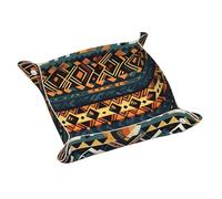 Plateau de rangement en cuir texturé tribal africain de taille moyenne - Plateau de rangement double face en PVC pour clés, bijoux, bureau et coiffeuse avec fermeture à pression