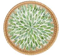 Plateau de rangement rond en osier, incrusté de coquillages, plateau décoratif en branches de saule naturelles fait main, adapté pour les fruits, le pain et le petit-déjeuner (Feuille verte, L28cm)