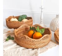Plateau de rangement rond en rotin tressé jaune (19/22/25 cm), panier en osier imperméable fait main, idéal pour les fêtes, les repas, les bonbons, les en-cas, le café et le pain. L,M,S,Ensemble (S+M+