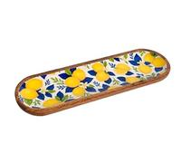 Plateau de Service 44 cm Motif Citrons - Plateau Rectangulaire Bois & Résine - Décor Agrumes Jaune & Bleu - 44 x 14 x 2 cm