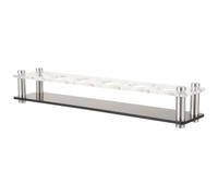 Plateau de Service Acrylique à Six Emplacements pour Verres à Shot | Structure Double Couche, Base Noire Brillante, Quatre Pieds en Caoutchouc, Piliers Métalliques Argentés, Service Mobile