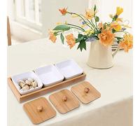 Plateau de Service Apéritif, Set Apéritif 3 Coupelles Carrées en Porcelaine Coupelle Aperitif Céramique avec Couvercle de Plateau en Bambou pour Apéritif, Condiments, Collations, Noix et Bonbons
