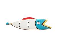Plateau de service Comic en forme de poisson - Assiette design pour collations ou comme décoration et porte-clés - Le plat de service est en Gres et est blanc avec bleu, rouge et jaune - 13 x 33 cm