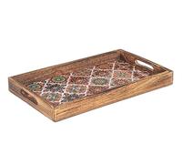 Plateau de Service Déjeuner, Modèle Rétro Carreaux de Ciment, Bois de Manguier, Longueur 38 cm.