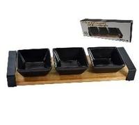 Plateau de Service en Acacia avec 3 Coupelles Noires, Set Apéritif