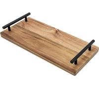 Plateau de service en bois d'acacia avec poignées - 37 x 17 cm - plateau à bougies en bois rectangulaire avec poignées en métal en noir