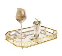 Plateau de service en métal doré avec miroir en verre décoratif - Plateau de service pour nourriture, boissons, bijoux, angle droit, miroir décoratif vintage, 33,8 x 23,8 x 3,8 cm
