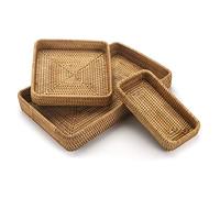 Plateau de Service en Osier, Plateau de Panier Rotin Rectangulaire, Paniers de Service Décoratifs en Tissé Naturel pour Organiser Le Comptoir de Cuisine de Table, Lot de 3