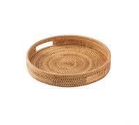 Plateau de service en rotin tissé, panier de rangement rond avec poignées pour la maison, la cuisine, le pique-nique, décoration rustique naturelle pour table basse, ottoman ou table d'appoint (25 cm)