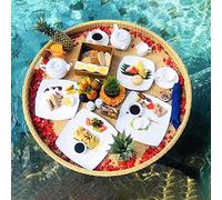 Plateau de service flottant rond en rotin avec poignées pour boissons et nourriture, 60 cm, couleur abricot, parfait pour brunch et fêtes au bord de la piscine, imperméable et