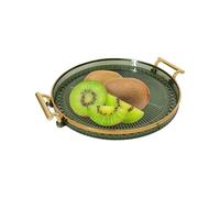 Plateau de service rond avec poignées - Assiette à fruits ronde dorée avec double oreilles - Plateau de service transparent - Plateau décoratif pour salon, salle de bain, cuisine, collation, café