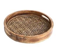 Plateau de Service Rond en Bois de manguier, Modèle Fleur de Vie, L 35 cm