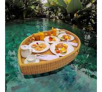 Plateau de service rond en rotin tissé avec poignées, plateau alimentaire flottant essentiel pour le petit déjeuner au bord de la piscine et les activités de plein air