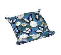 Plateau de valet en cuir pour homme avec papillons bleus et fleurs blanches - Videz vos poches, plateau de rangement multifonction en cuir