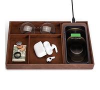 Plateau de valet plateau de chargement sans fil intégré organiseur de table de nuit organiseur de commode boîte à bijoux pour homme station de chargement en simili cuir pour homme et femme marron