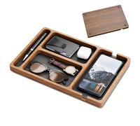 Plateau de voiturier en Bois avec Incrustation en Cuir, Organisateur de Stand de Nuit à Compartiment 12x8 pour Les Femmes Hommes, Attraper Tout Plateau pour clés, téléphone, Portefeuille, Montre, cad