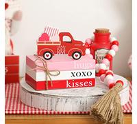 Plateau décoratif à étages pour la Saint-Valentin, 1 pile de livres en bois pour la Saint-Valentin, 1 guirlande de perles pour la Saint-Valentin, mini livres décoratifs Hug XOXO Kiss - Décoration de
