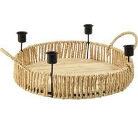 Plateau décoratif en bois naturel Ø30cm avec 4 bougeoirs en métal noir comme alternative à la couronne de l'Avent
