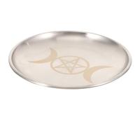 Plateau Décoratif Rond Pentacle Lune en Fer Argenté pour Bougies | Surface Lisse Bien Polie, sans Bavure, Usage Multiple, Maison et Offrandes Religieuses