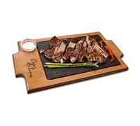 Plateau en ardoise de 20 x 30 cm avec base en bois de couleur chêne avec sauce pour présentation de viandes