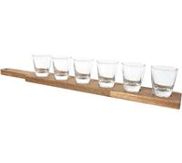 Plateau en bois avec 6 verres à shot - 42 x 6 x 8 cm - Verres à shot - Accessoires de bar - Verres à shot - Cadeau - Marron