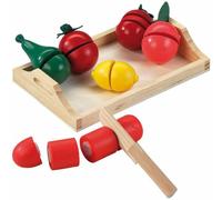Plateau en bois avec fruits et légumes en bois