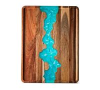 Plateau en bois d'acacia avec accents en résine bleue, 40,6 cm - Plateau de service décoratif pour petit déjeuner au lit, déjeuner, dîner, collations, patio, ottoman, table basse, centre de table -