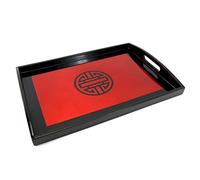Plateau en Bois Laqué Rouge et Noir “Symbole Longévité”, Fait Main, L39 x 28cm - Plateau de Service avec Poignée - Artisanat du Vietnam et Déco Asiatique (S39-4911-39)