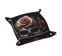 Plateau en cuir WZYWHJ noir avec imprimé tête de mort et rose - Boîte de rangement étanche et anti-rayures de 20,1 cm pour ranger portefeuilles, montres et cosmétiques