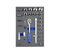 Plateau en mousse avec clés, gobelet 1/2, dimensions 280 x 400 mm, idéal pour l'organisation et le stockage d'outils et d'ustensiles.