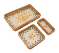 Plateau en rotin 3 pièces, plateau de service rectangulaire élégant, plateaux de panier tissés de grande capacité, panier en osier d'art traditionnel fait à la main pour pain, (Treillis vert avec